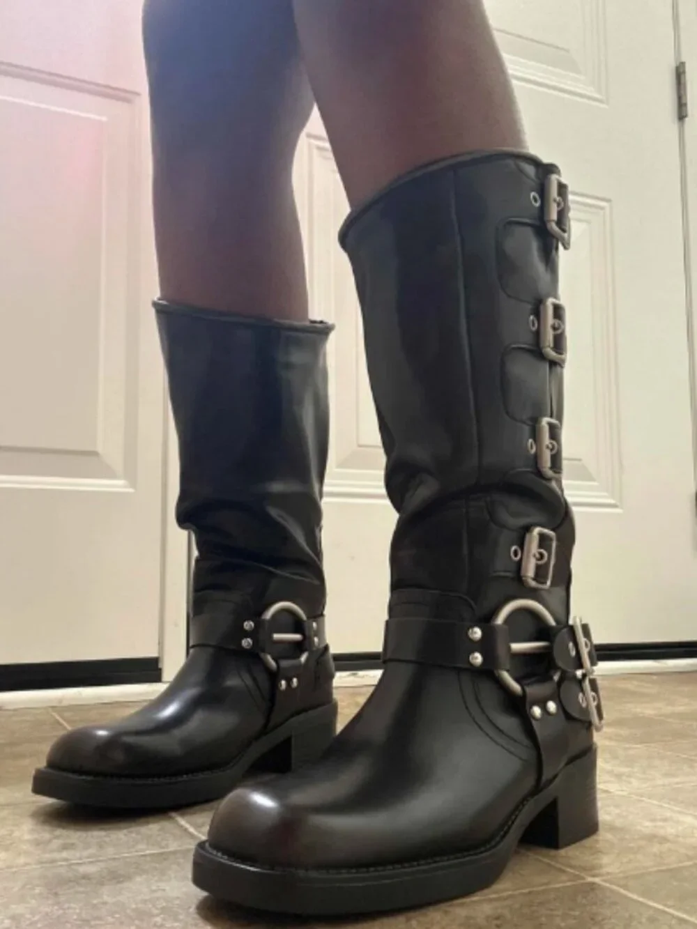Sexy Women's Slip On Square Toe Chunky Heel Classic Metallic Buckles Motorcycle